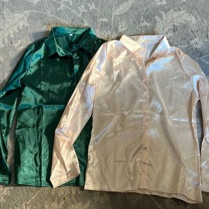 2 nwot women's small faux satin blouses green and apricot